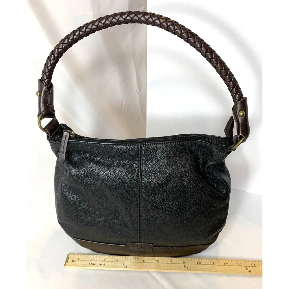 Tignanello Handbag Black Leather Hobo Shoulder‎ Purse Brown Trim Western Braided